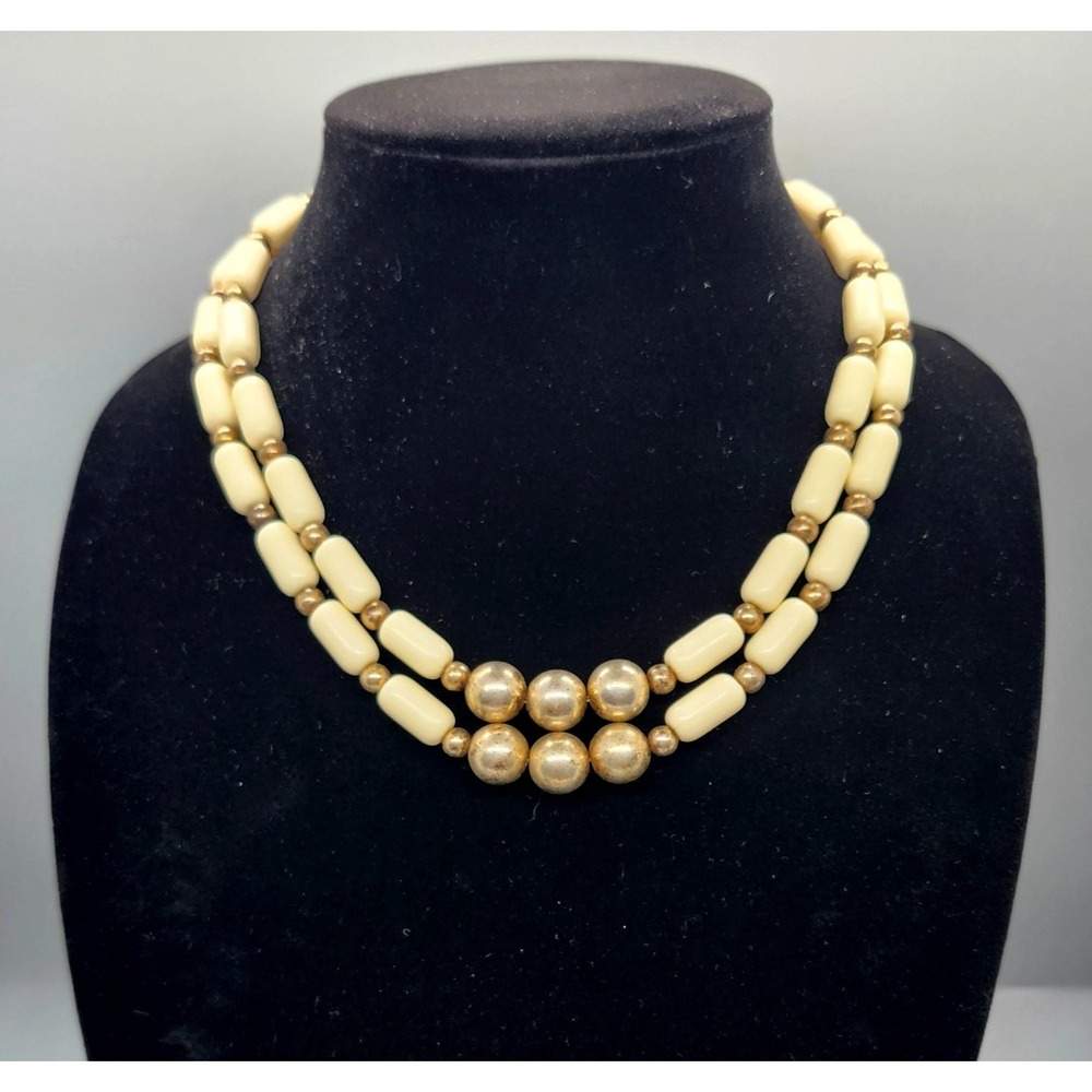 Vintage Encore Cream Barrel Bead Double Strand Necklace‎ Gold Tone Accents 30"